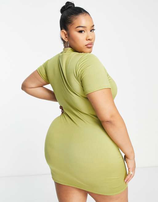 Public Desire Curve - Robe courte près du corps à double épaisseur avec manches courtes - Vert palmier, 2 de 4