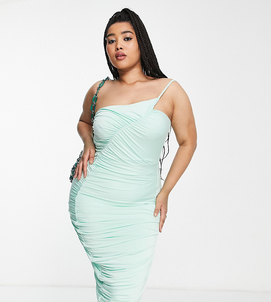 Public Desire Curve Ruched Body-conscious Midi Dress In Mint Green