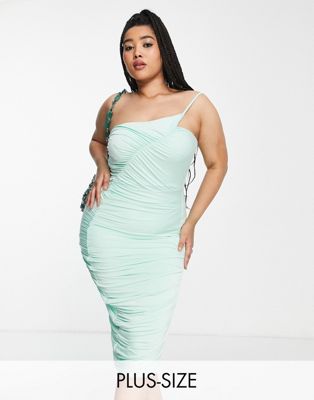 ruched bodycon midi dress in mint green
