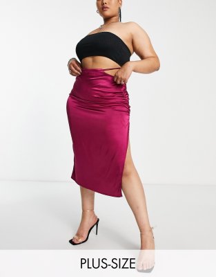 Public Desire Curve Satin Tie Waist Midi Skirt In Magenta - Part Of A Set-pink