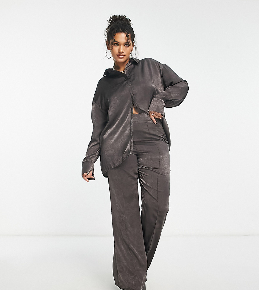 satin wide leg pants in charcoal - part of a set-Gray