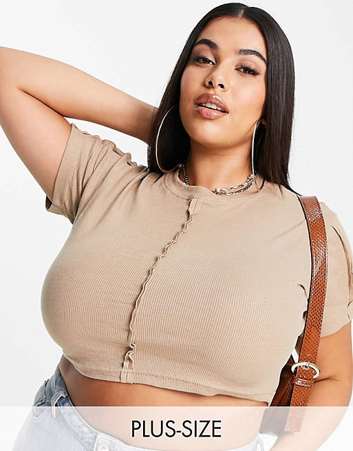 Public Desire Curve seam detail ribbed cropped t-shirt in sand
