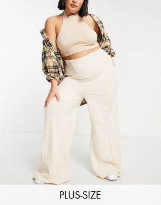 Public Desire Curve wide leg joggers with sheered waist co ord in ecru-Neutral