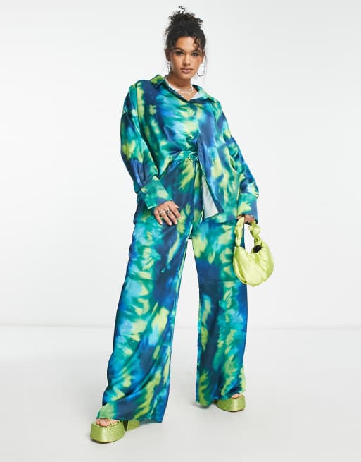 Public Desire Curve wide leg satin trousers co-ord in blue smudge print