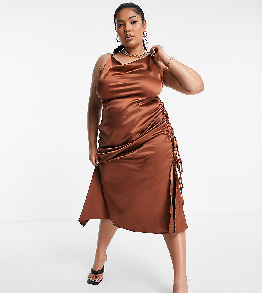 Public Desire Curve x Amber Gill satin strappy cami midi dress with ruched side detail in chocolate-Brown
