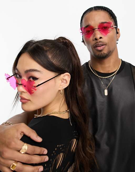 Public Desire cut out heart flamey sunglasses in neon pink 