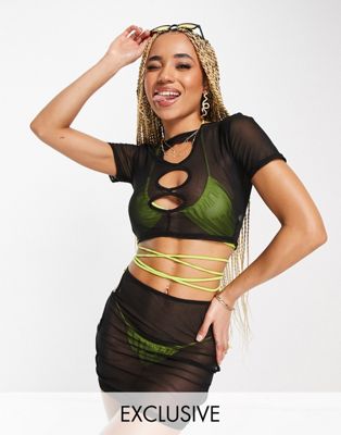 Public Desire cut out mesh beach skirt co-ord in black