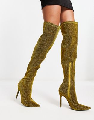 Public Desire Dasha over the knee boots in gold glitter - ASOS Price Checker