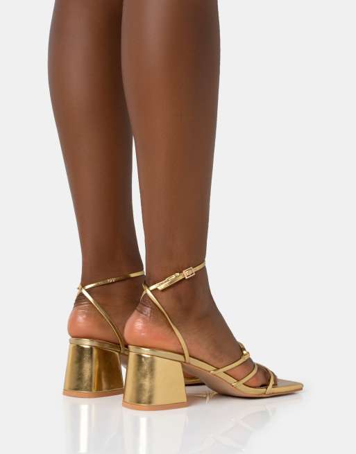 Public Desire Dayla strappy square toe block mid heel sandals in gold, 4 of 4