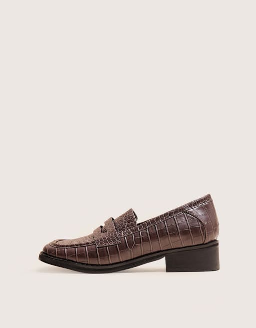 Public Desire Decaf croc square toe penny loafer in brown croc