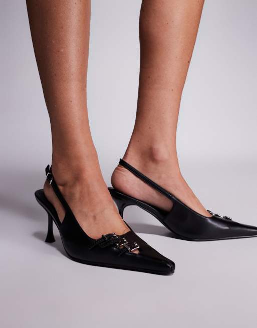 Public Desire Devoted slingback heeled shoes with buckle detail in black, 2 of 4