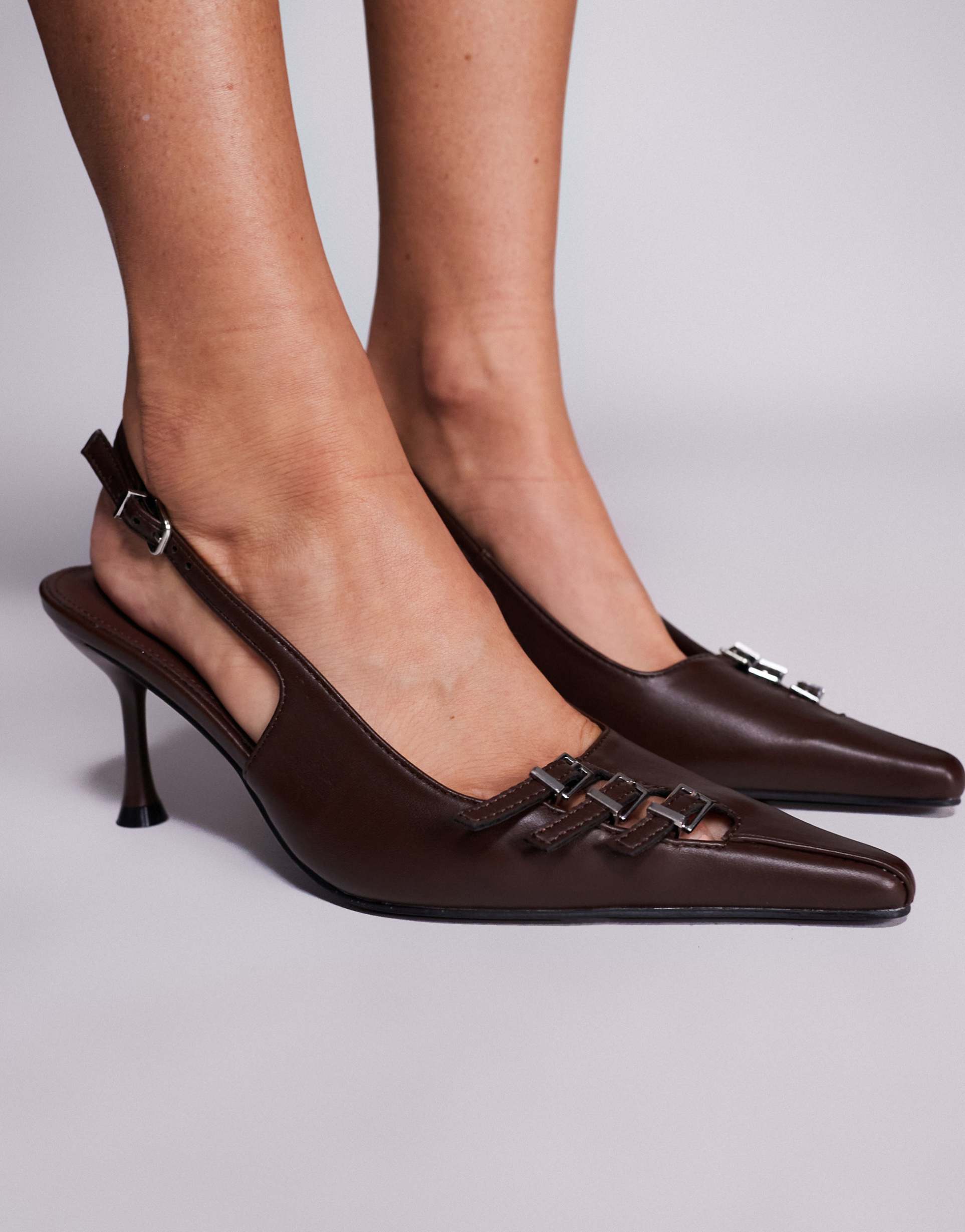 public desire devoted slingback heeled shoes with buckle detailing in brown