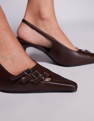 Public Desire Devoted Slingback Heeled Shoes With Buckle Detailing In Brown