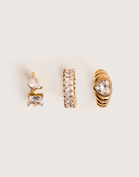 Public Desire Diamante 3 pack jewelled ring set gold in gold - view 1