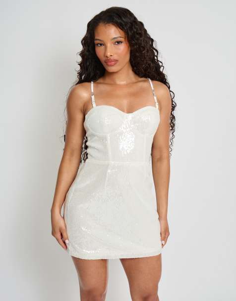 Public Desire Diamante strap detail sequin mini dress in white