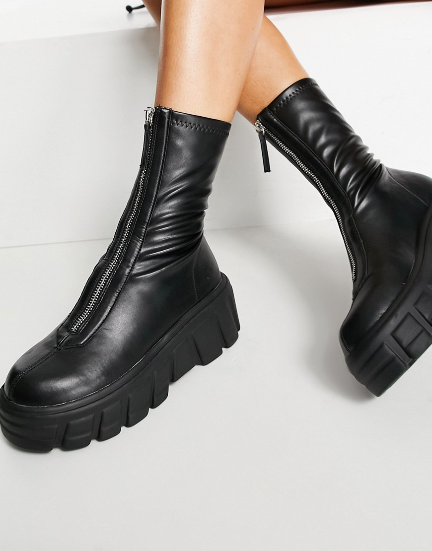 Public Desire Domino chunky boots with zip front in black