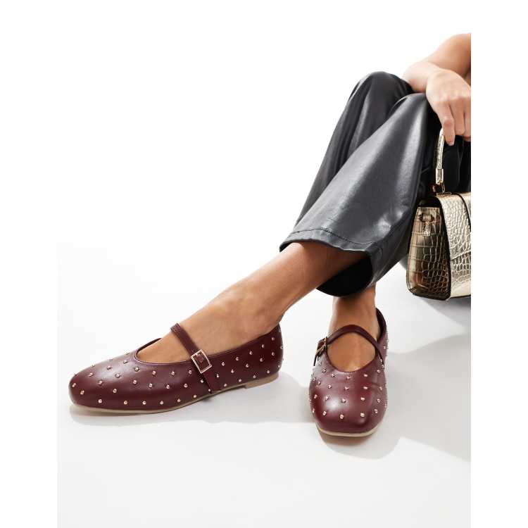 Public Desire Dorina studded ballet flats with strap in burgundy