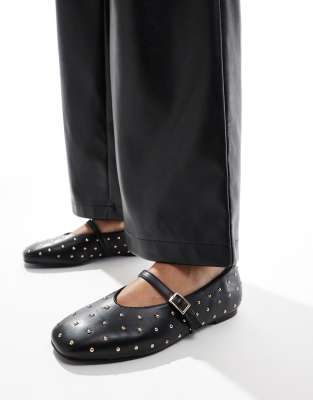 Public Desire Dorina Wide Fit studded ballet flats with single strap in black