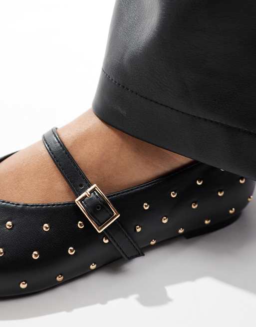Public Desire Dorina Wide Fit studded ballet flats with strap in black ...
