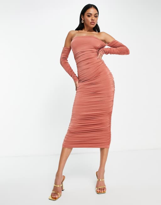 Public Desire double layer ruched midaxi dress in dusty peach