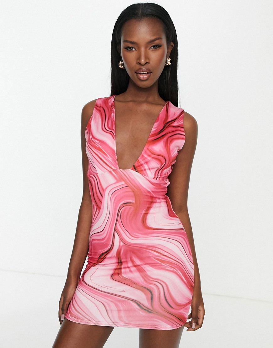 Public Desire double layer slinky deep plunge mini dress in fuchsia swirl-Pink