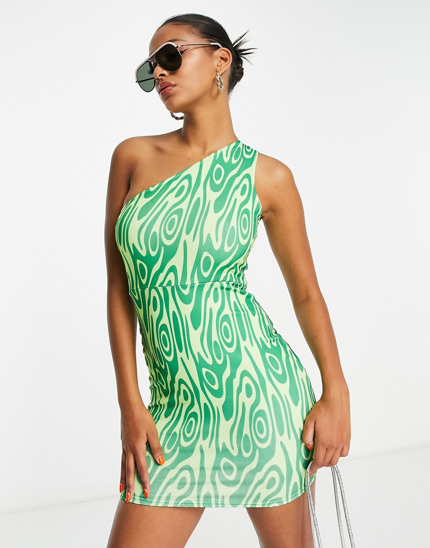 double layer slinky one shoulder mini dress in green swirl