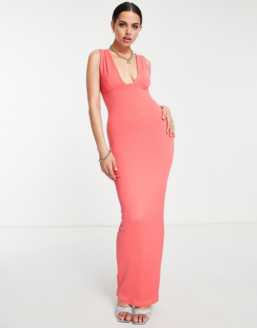 Public Desire double layer slinky plunge maxi dress in coral-Pink