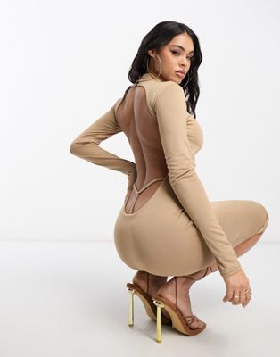 double layered slinky backless thong detail midi dress in chestnut-Brown