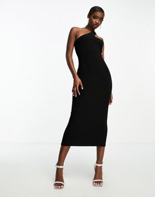 double lined one shoulder midi dress in black