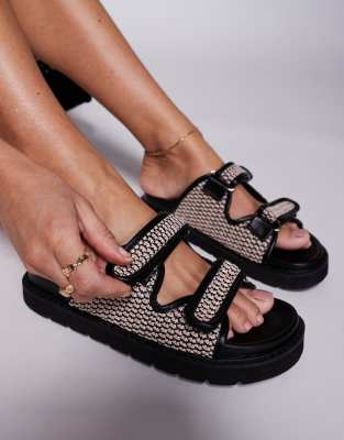 Dreamboat double strap sandals in raffia-Black