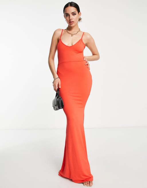 Public Desire - Dubbellaagse lange jurk van gladde stof met camibandjes en fishtail in rood