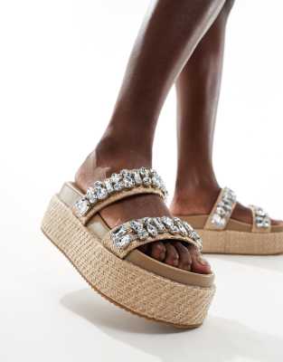 Public Desire Duchess Flatform Sandals With Embellished Straps In Raffia-neutral