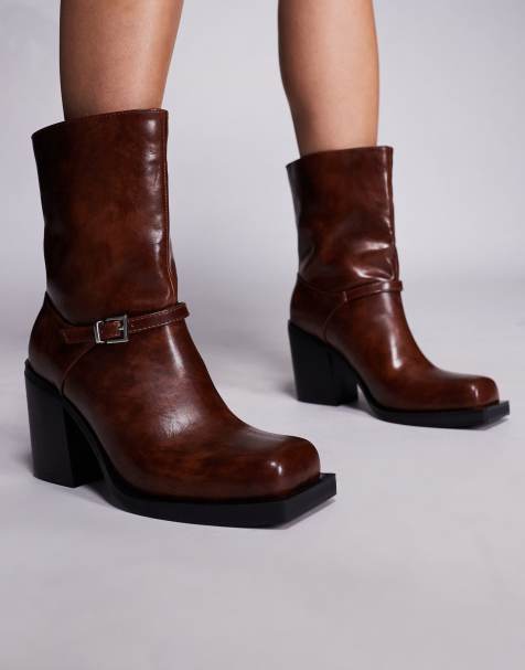 Public Desire Dusty square toe heeled ankle boots in brown - view 1