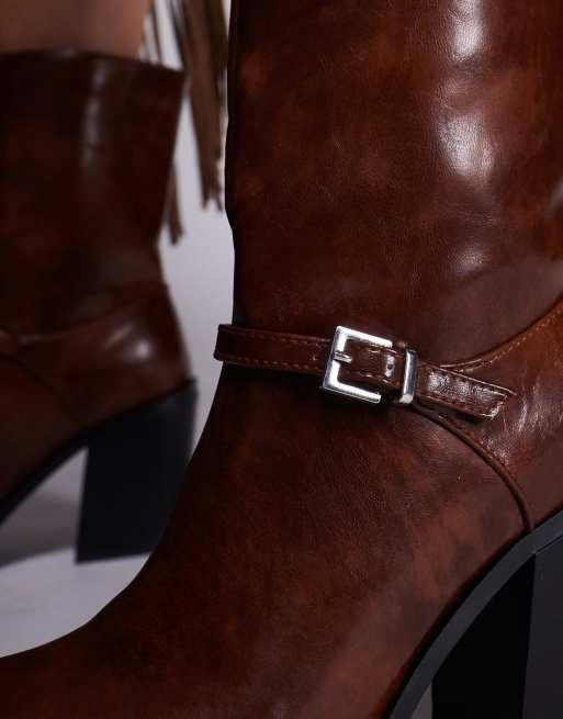 Public Desire Dusty square toe heeled ankle boots in brown, 2 of 4