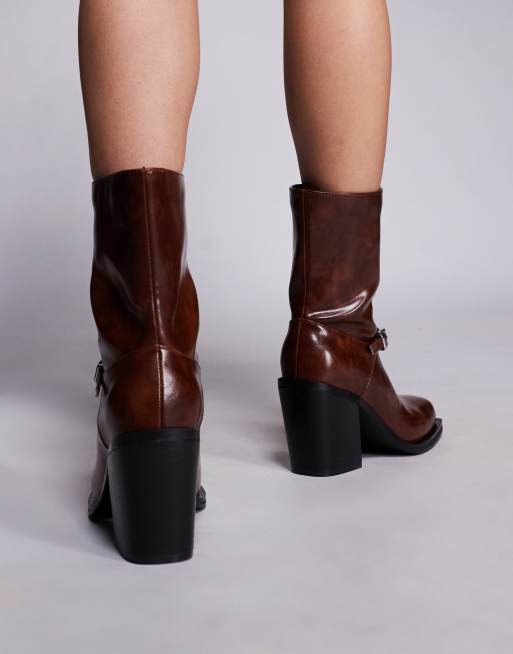 Public Desire Dusty square toe heeled ankle boots in brown, 4 of 4