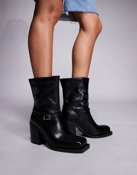 Public Desire Dusty Wide Fit square toe heeled ankle boots in black - view 1