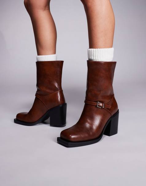 Public Desire Dusty Wide Fit square toe heeled ankle boots in brown - view 1