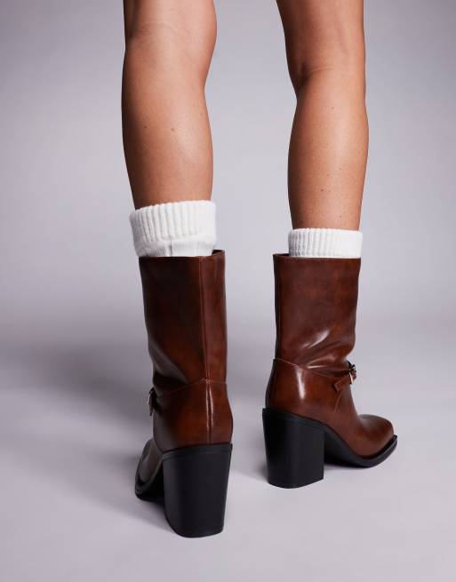 Public Desire Dusty Wide Fit square toe heeled ankle boots in brown, 2 of 4