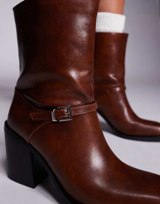 Public Desire Dusty Wide Fit square toe heeled ankle boots in brown, 3 of 4