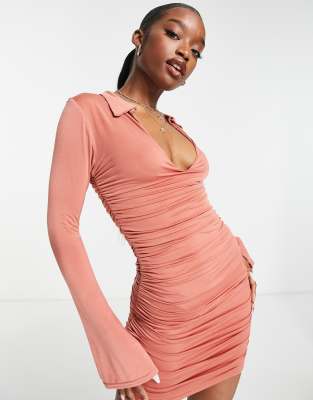 Public Desire – Dwuwarstwowa marszczona po bokach sukienka mini bodycon w kolorze spieczonej pomarańczy