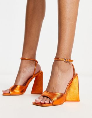 Public Desire Eagle triangle heel sandals in metallic orange