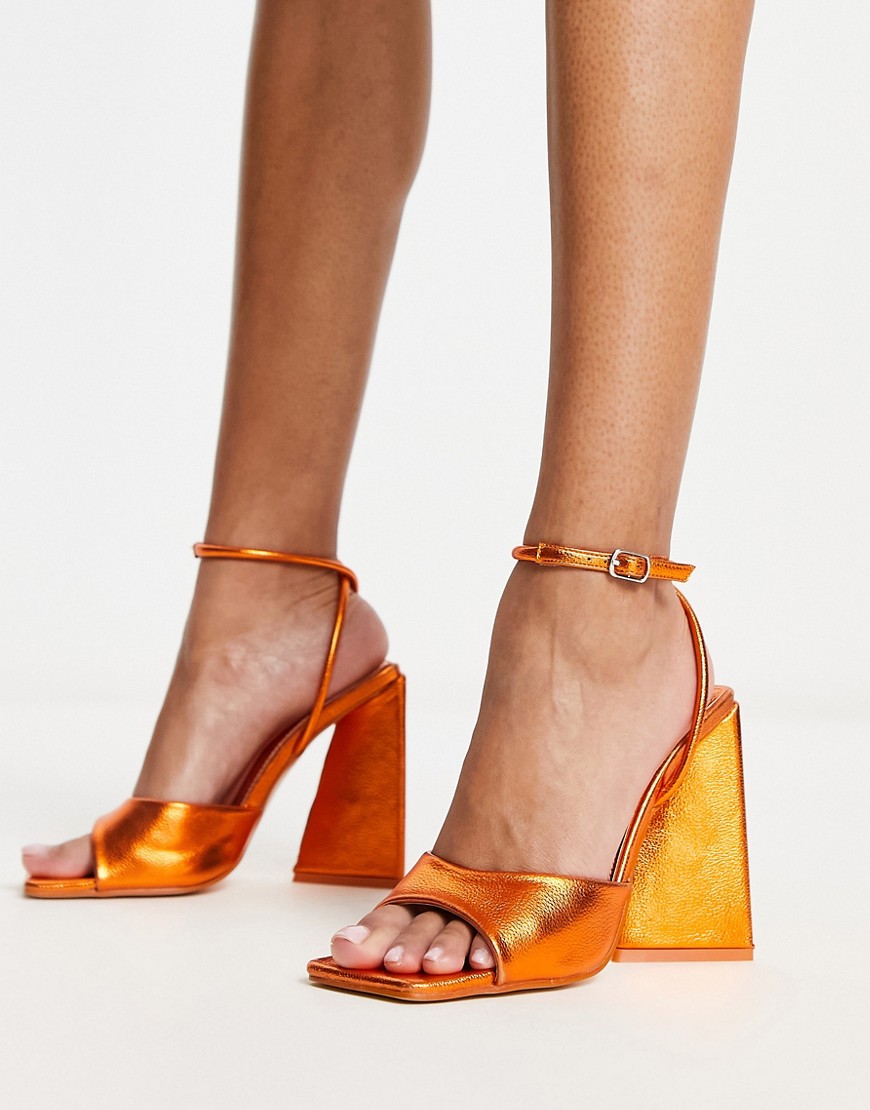 Public Desire Eagle triangle heel sandals in metallic orange-Pink