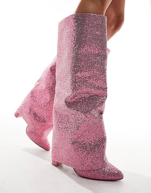 Public Desire Echo foldover boots in pink glitter