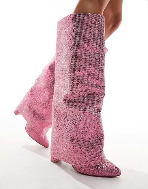 Public Desire Echo foldover boots in pink glitter