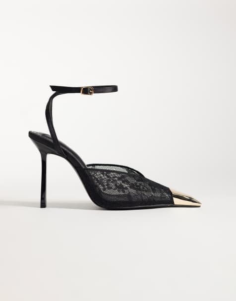 Public Desire Edie heeled court shoes with gold toe cap in black lace - view 1