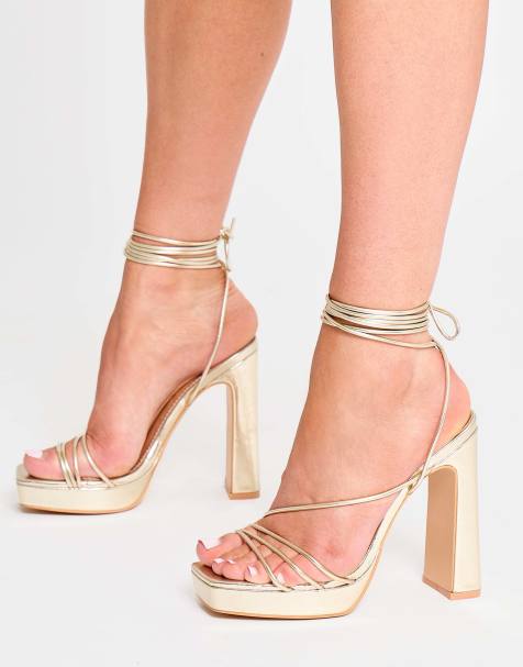 Public Desire Eilish mirror lace up strappy platform block high heels in gold - view 1