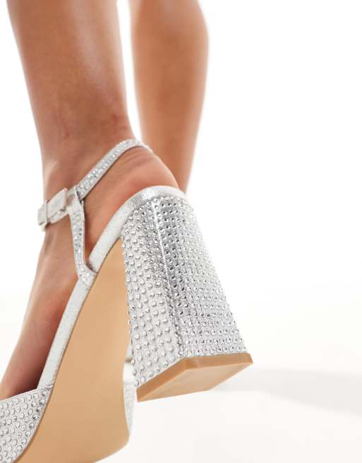 Public Desire Electa diamante embellished square toe heeled shoes in silver, 4 of 4