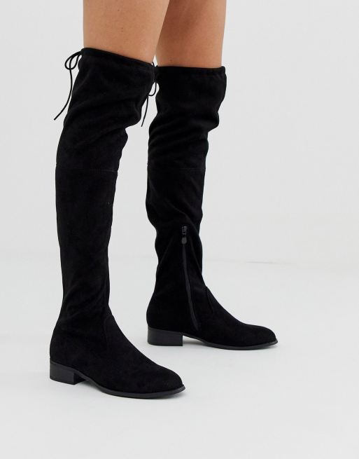 Schwarz Flat Leder Over The Knee Stiefel Real 998db C06c9