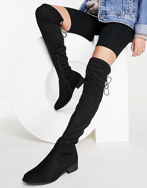 Krønike højen vedholdende Public Desire - Elle - Flade overknee-støvler i sort | ASOS