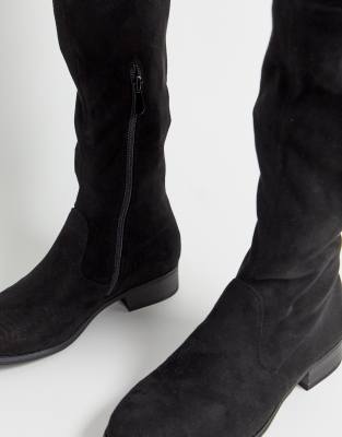 black leather flat over the knee boots